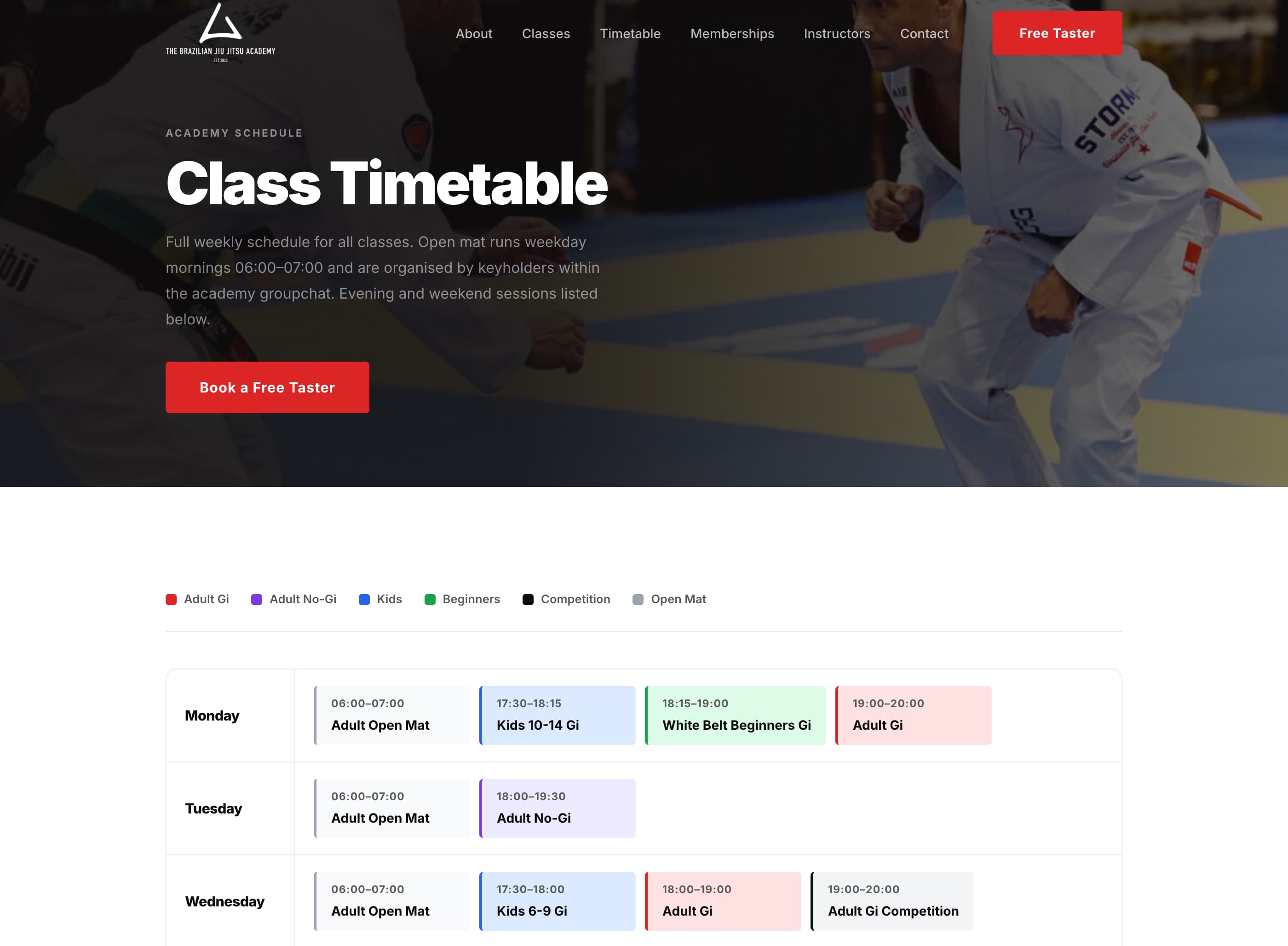 TBJJA timetable page